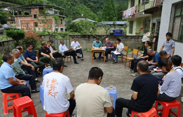 驻鑫山村工作队和后盾单位与桃农召开“屋场会”现场。